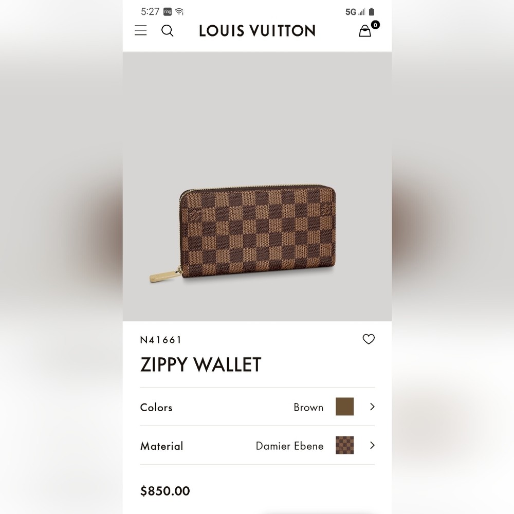 LOUIS VUITTON Zippy Wallet in Damier Ebene
